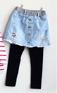 Girl Fake 2-piece Denim Skirt Leggings Pants