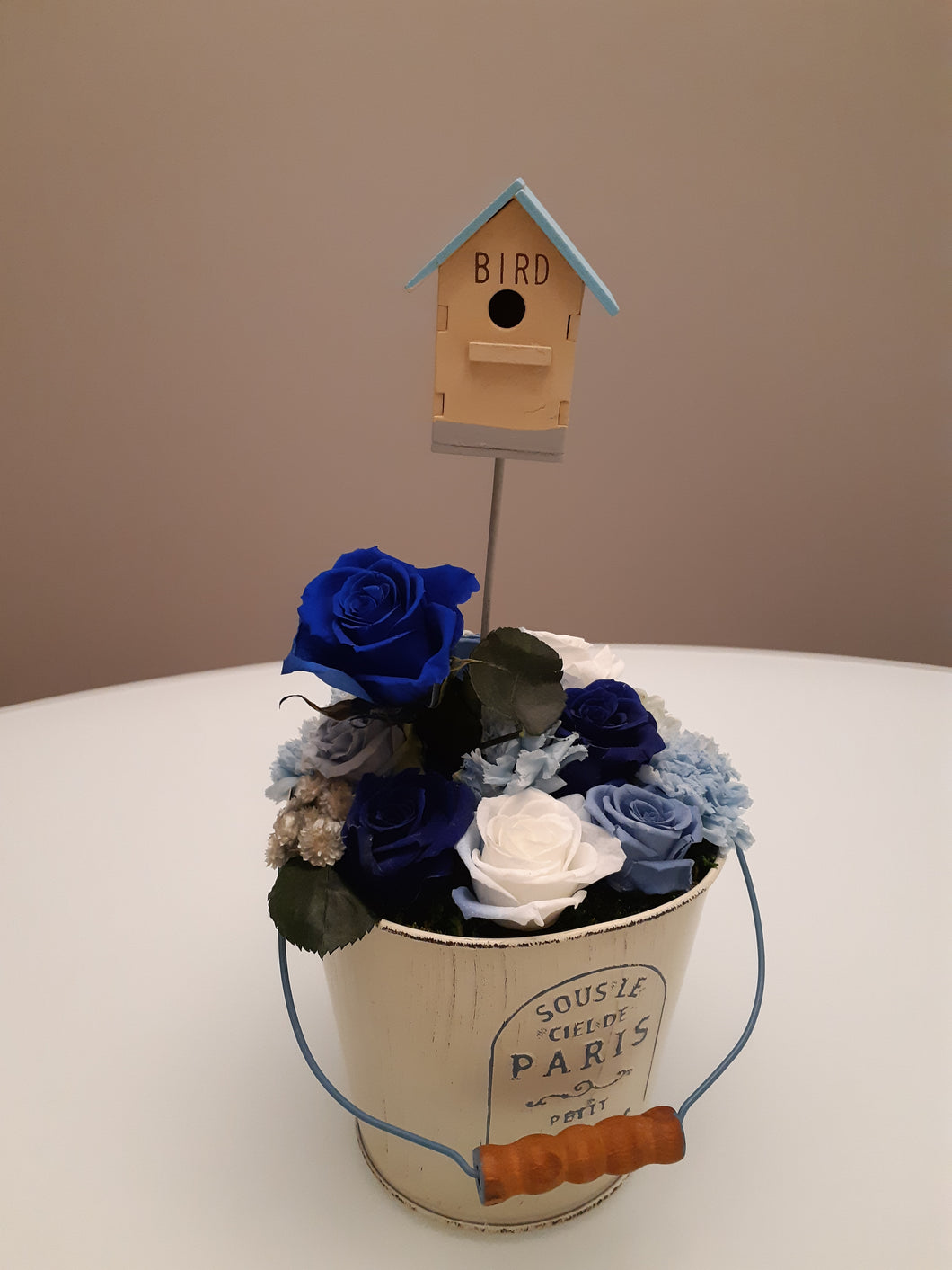 Unique Tin Pot with Blossom of Blue Roses