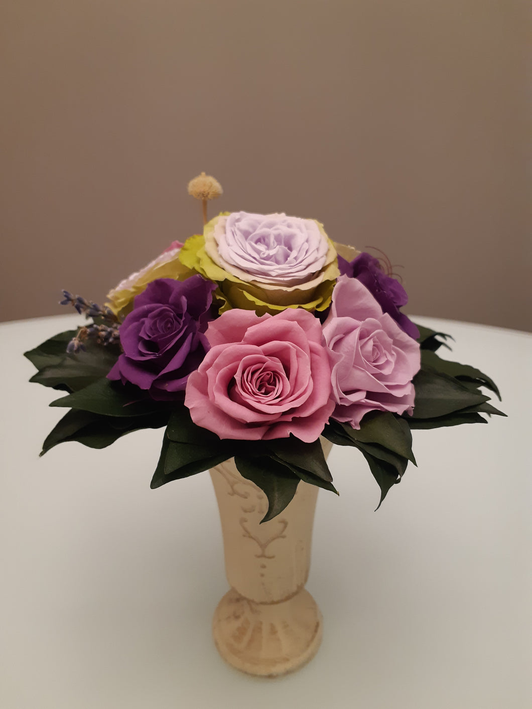 Unique Purple Preserved Flowers in Cream Vase