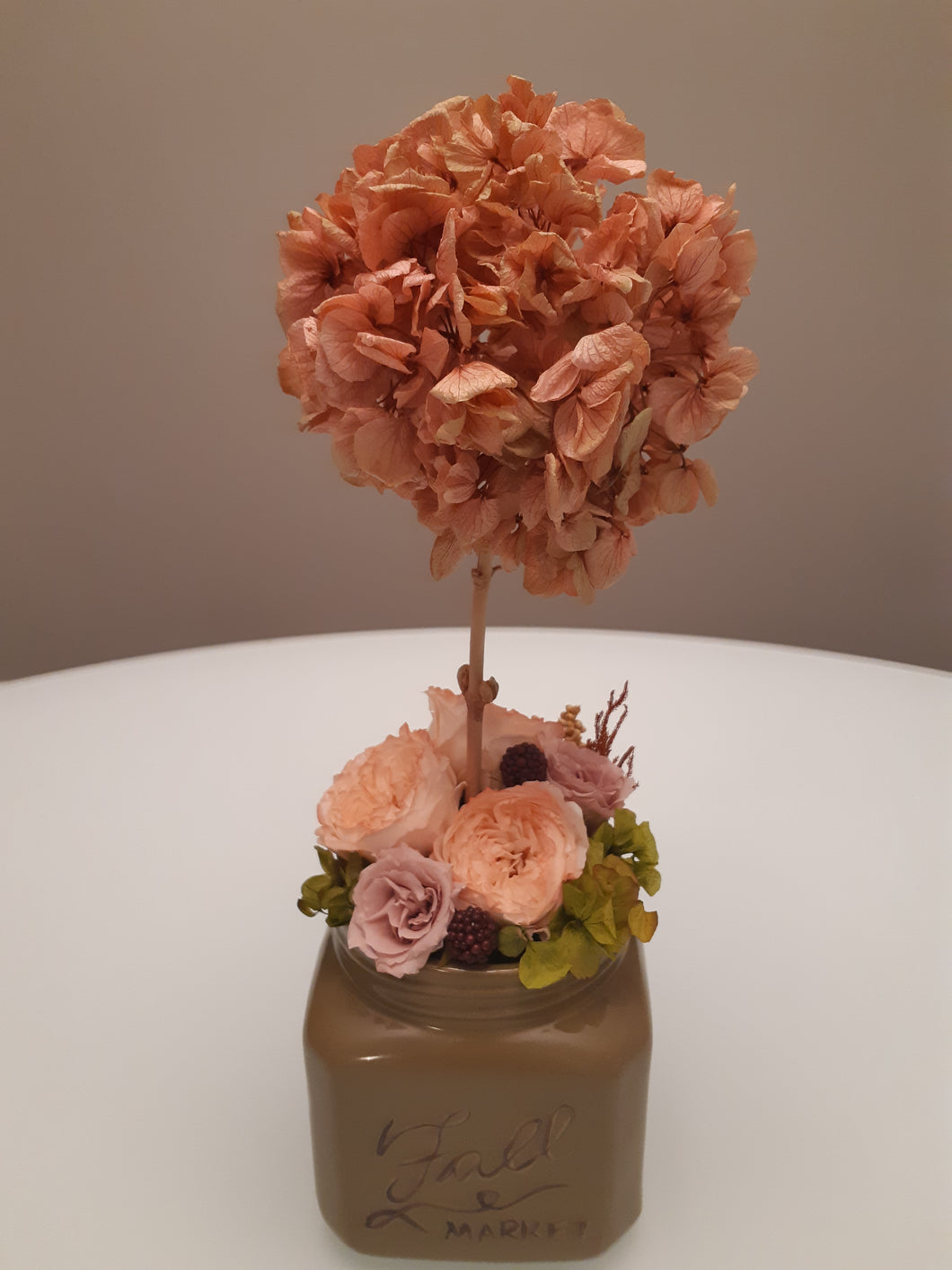 Unique Pink Tree in Greenish-brown Square Vase