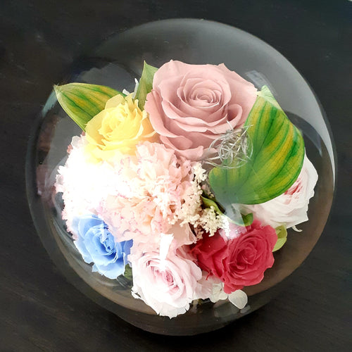 Unique Blossom of Preserved Flowers in Glass Dome