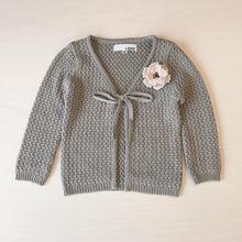 Load image into Gallery viewer, Girl Gray/White Cardigan with White/Black Flower Decoration