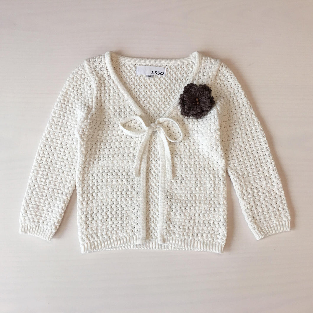 Girl Gray/White Cardigan with White/Black Flower Decoration