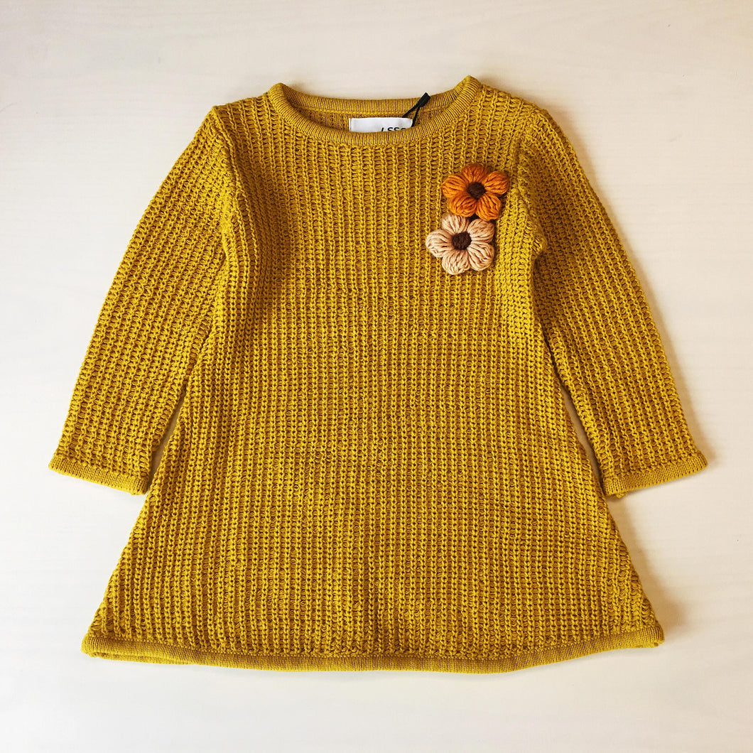 Girl Mustard Knit Dress with Flower Decoration